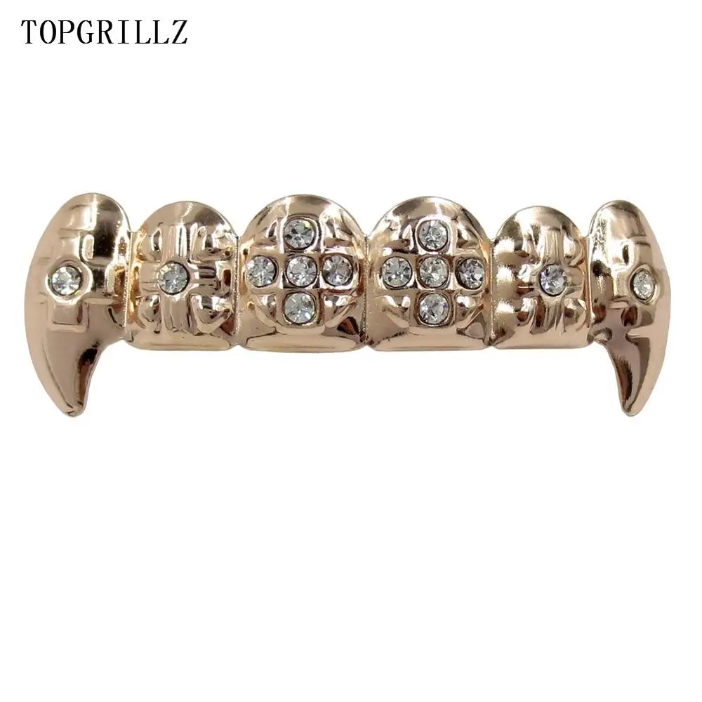 TOPGRILLZ Настоящее розовое золото цвет покрытием ICED OUT CZ зубы GRILLZ крест сверху и снизу зуб шапки Хип Хоп Bling Золотые грили - Окраска металла: Rose Top