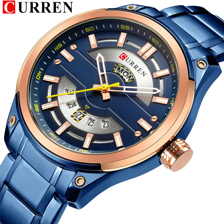 blue CURREN, часы с календарем, повседневные спортивные часы для мужчин, 30 м, водонепроницаемые, нержавеющая сталь, ремешок, мужские часы, светящиеся наручные часы - Цвет: blue