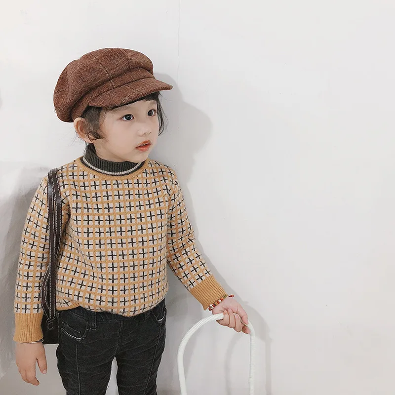 Осенне-зимние модные клетчатые свитера в Корейском стиле для мальчиков и девочек