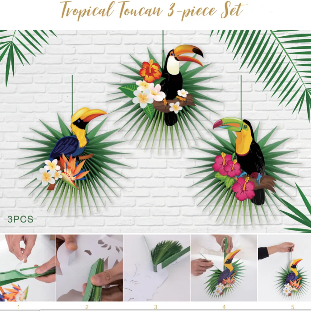 

Set of 3 DIY Tropical Toucan Palm Leaves Paper Fans Wall Hanging Decorations Woodland Jungle Animal Summer Luau Hawaiian Party