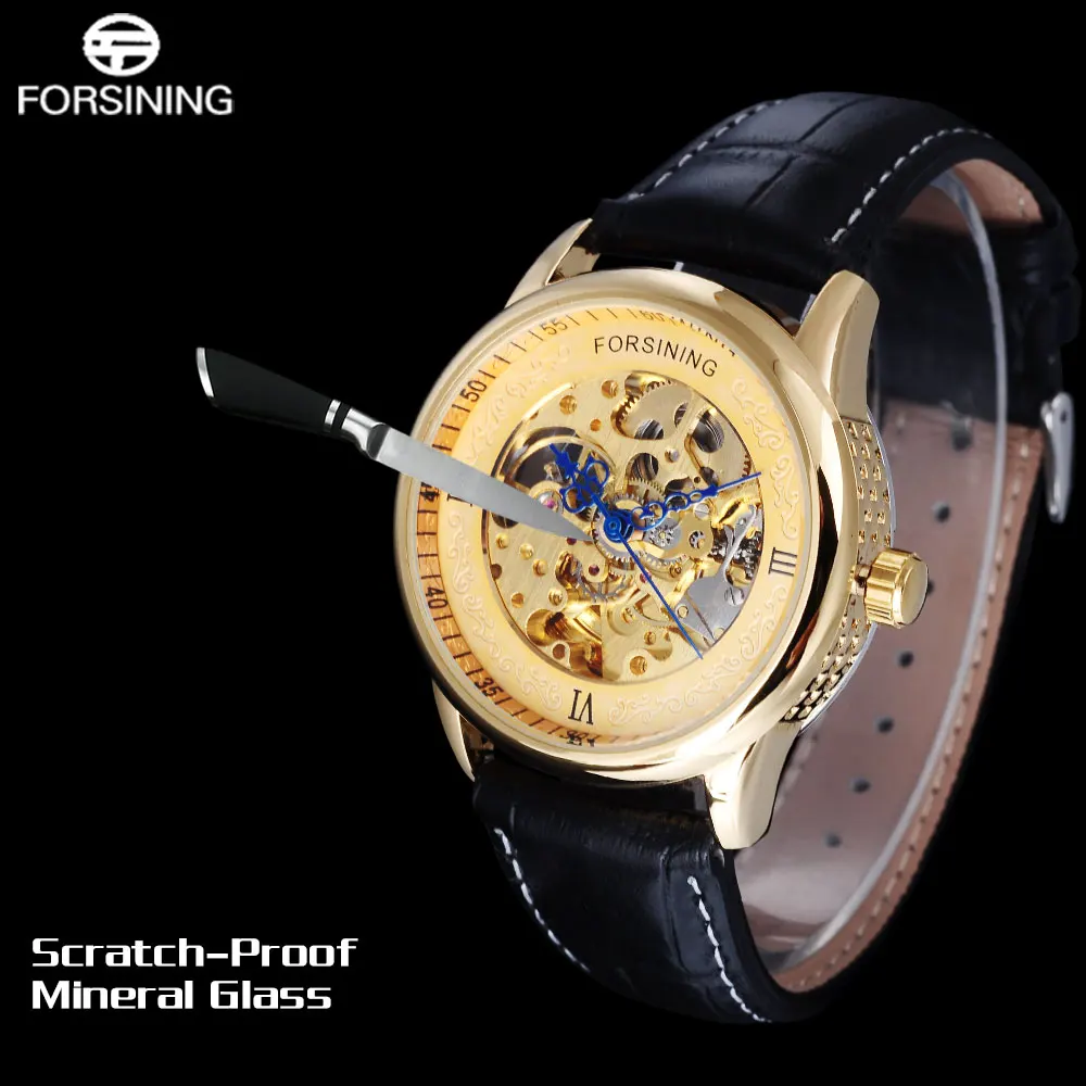 FORSINING классические мужские часы Роскошные скелетоны из натуральной кожи Топ