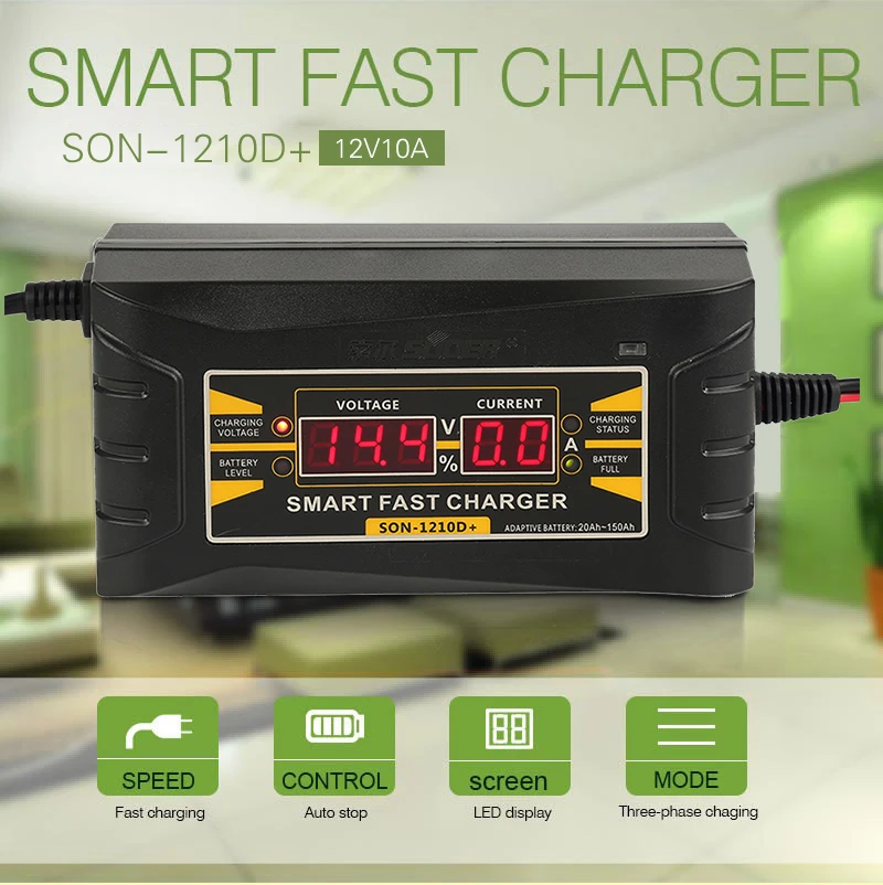 Automatic Full Smart Car Battery Charger PRO Lead Acid 12 V 10A LCD Display US EU Plug Smart Battery Quick Charger