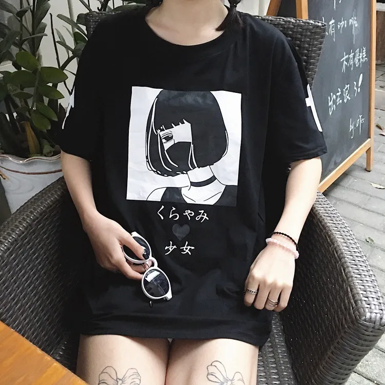 black Корейский ulzzang Harajuku ретро принт короткий рукав Футболка Свободный японский короткий рукав милый женский хлопок мультфильм футболка - Цвет: black