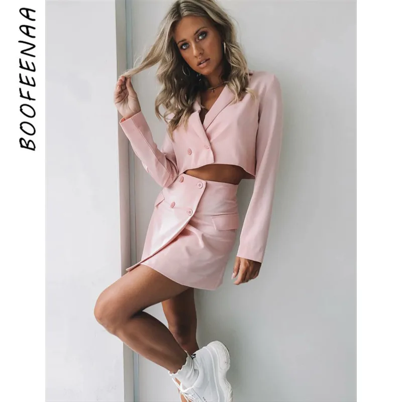 Женский костюм двойка BOOFEENAA розовый блейзер с длинным рукавом и юбка офисное