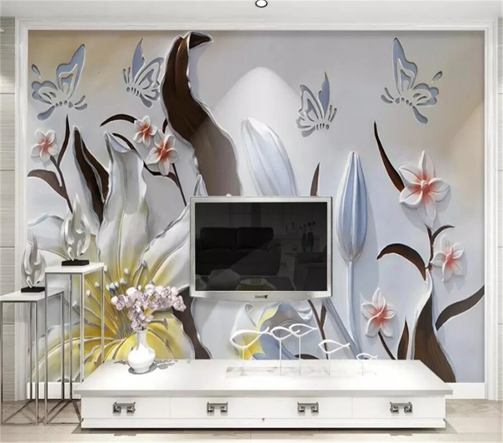 Decorative wallpaper Relief lily butterfly flower 3d background wall | Обустройство дома