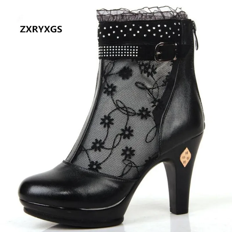 Роскошные женские босоножки из натуральной кожи со стразами и кружевом модные