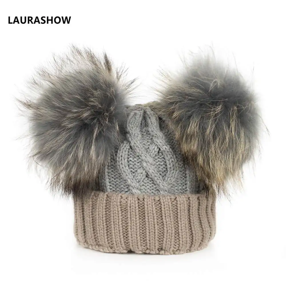 16cm grey ball Детская Зимняя Шапка-бини с натуральным норковым мехом 16 см, вязаная шапка, детская теплая шапка с разноцветными помпонами из енота, вязаные шапочки шерстяные шапки - Цвет: 16cm grey ball