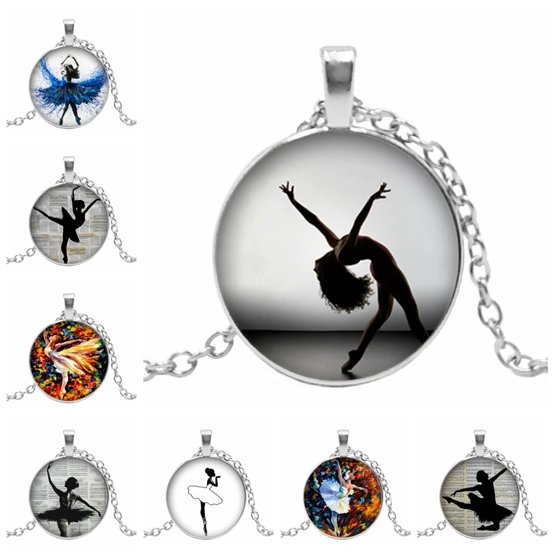 

Hot! New Ballet Dancer Character Silhouette Glass Cabochon Pendant Ballet Girl Oil Painting Glass Dome Necklace Clothing