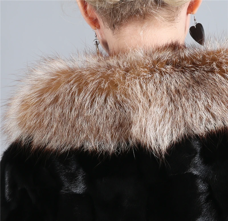 New Genuine Mink Fur Coat Real Red Fox Fur Collar Women Fashion Winter Warm Natural Mink Fur Coat Female Luxury Outwear Jacket
