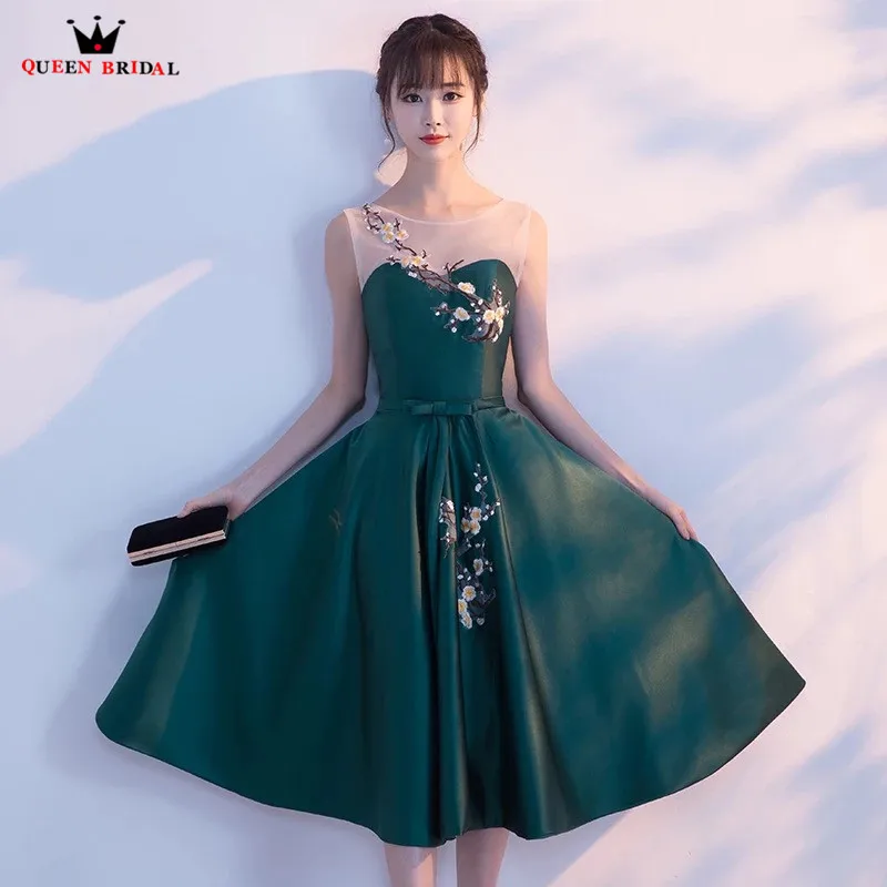 Короткие простые Зеленые атласные вечерние платья а-силуэта с цветами новинка 2020