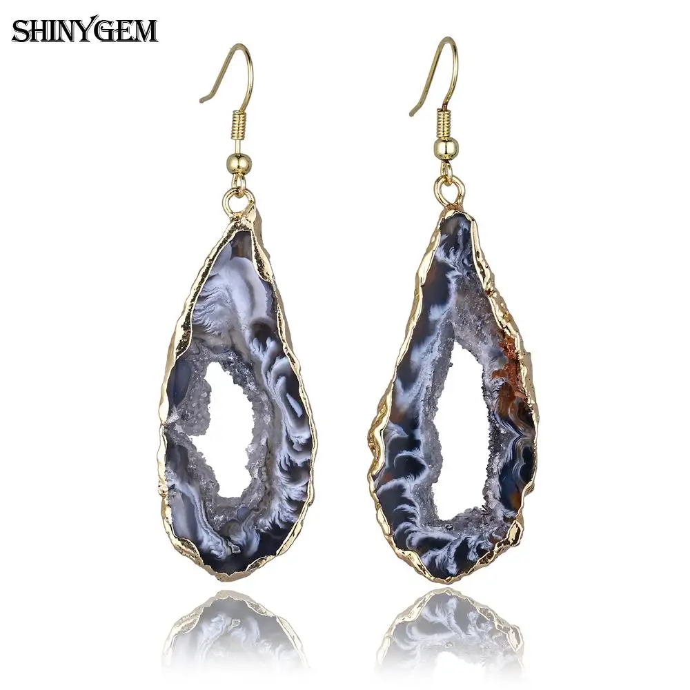 ShinyGem Необычные черные коричневые Агаты срезанные висячие серьги золото и серебро Нержавеющая сталь большое длинное из натурального камня серьги для женщин