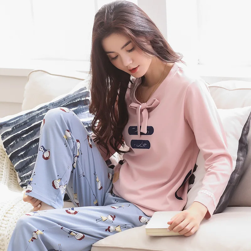 Весенне осенний женский Пижамный костюм с мультяшными хлопковыми брюками