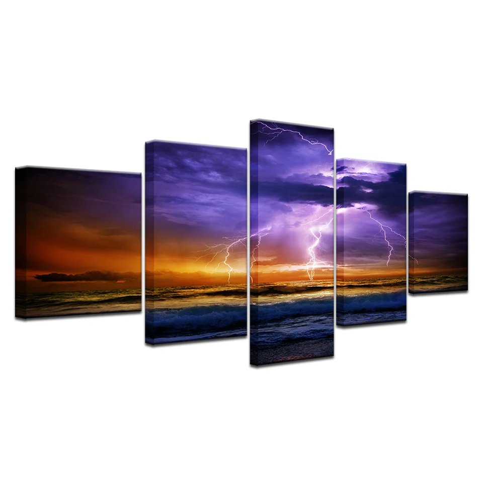 HD печать 5 шт холст темные облака Молния море океан шторм Живопись стены