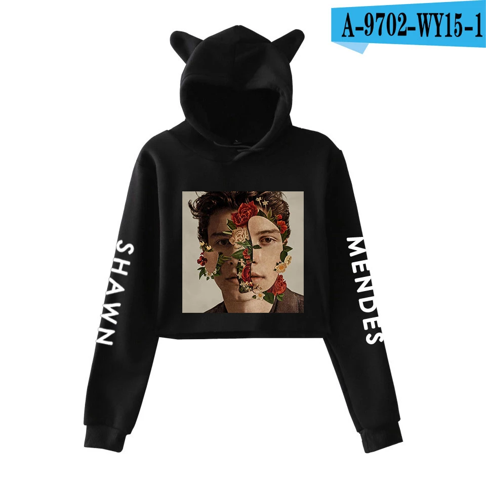Black Shawn Mendes толстовки с длинным рукавом, укороченный топ Kawaii, женская одежда для девочек, топы, толстовки, повседневное Пальто Harajuku Kpop размера плюс 2XL - Цвет: Black