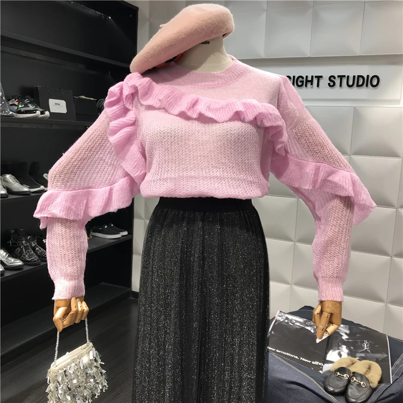 ALPHALMODA 2018 осень Милая отделка из оборок тонкий свитер с длинными рукавами