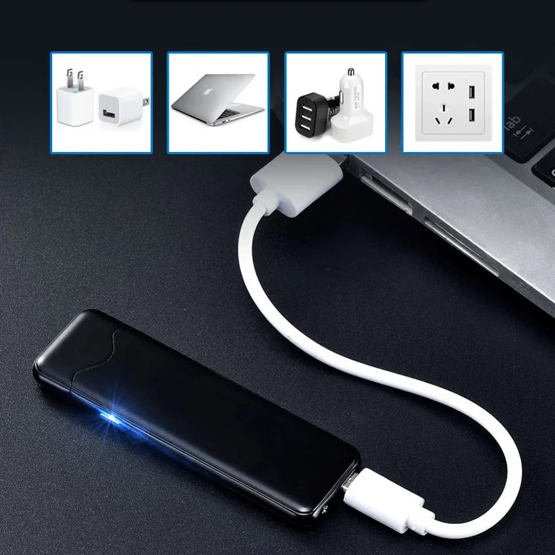 Новинка года мини ультра тонкий USB легче металла Touch ID зажигалки для электронных сигарет зарядки электрический провод ветрозащитный огонь легче