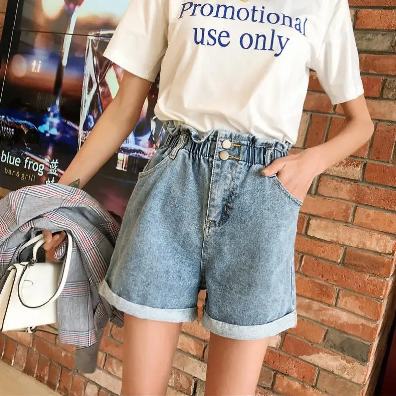 Женские джинсовые брюки с высокой талией синие и серые шорты широкими штанинами