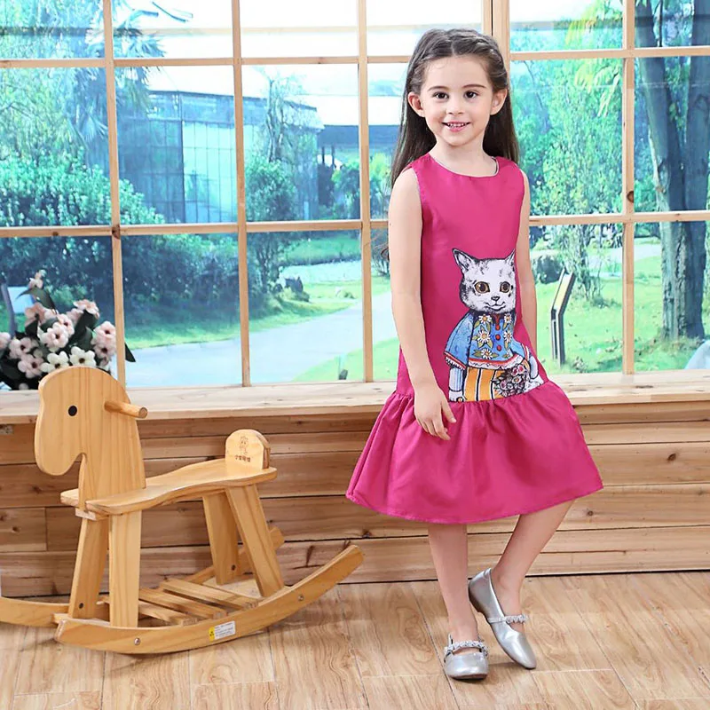 Autumn Spring fashion rose cartoon cat print baby girls sleeveless dress kids Children brand clothes 3 to 9 yrs | Детская одежда и