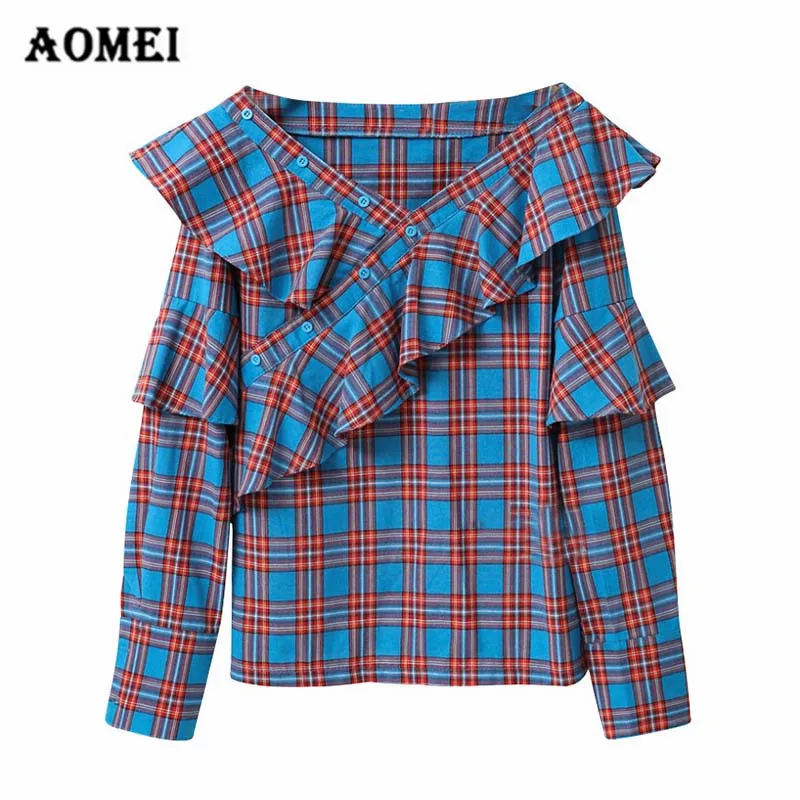 Summer Blouse Shirt Fashion Tops with Ruffles Button up Blusas Casual Girls Plaid Gingham Elegant Ladies Women Clothing |