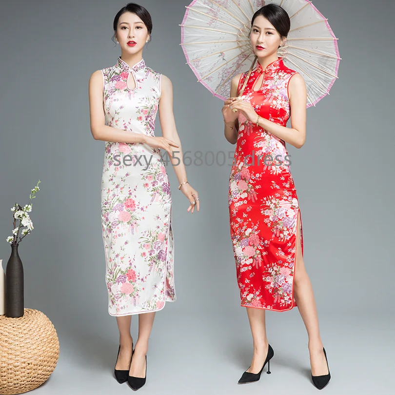Белый женский длинный с бретелями Cheongsam Qipao китайское традиционное вечернее