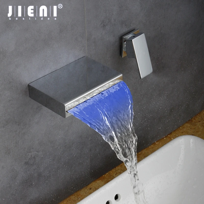 

JIENI Chrome Brass Soild Polish Waterfall LED Changing Wall Mount Bathroom Water Basin Sink Mixer Tap Bathtub Faucet