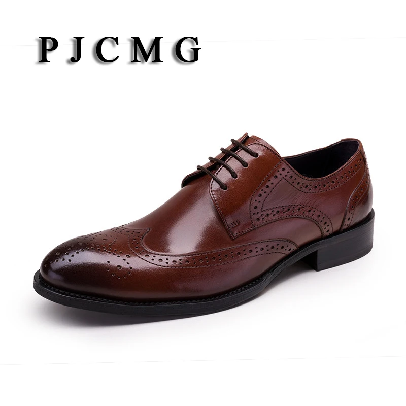 

PJCMG New Black /Wine Red/White/Brown Oxfords Formal Mens Dress Lace-Up Pointed Toe Genuine Leather Business Man Wedding Shoes