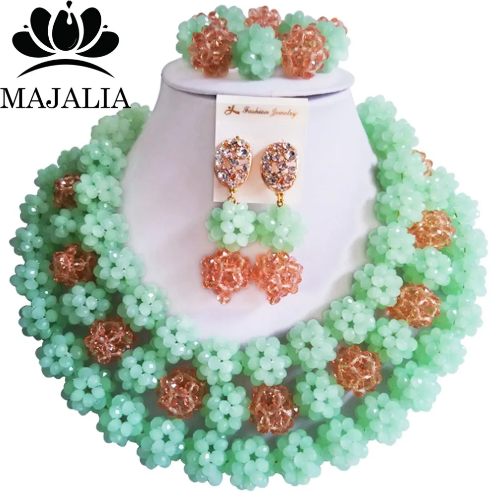 Fashion african wedding beads Mint Green nigerian wedding african beads jewelry set Crystal Free shipping Majalia-307