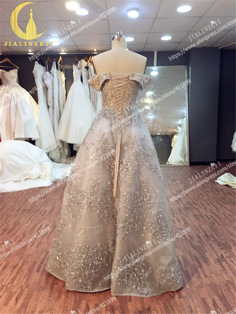 

JIALINZEYI Real Sample Sliver Grey Boat Neck Stars With Beads Luxurious Floor Length Party dresses Evening Dresses