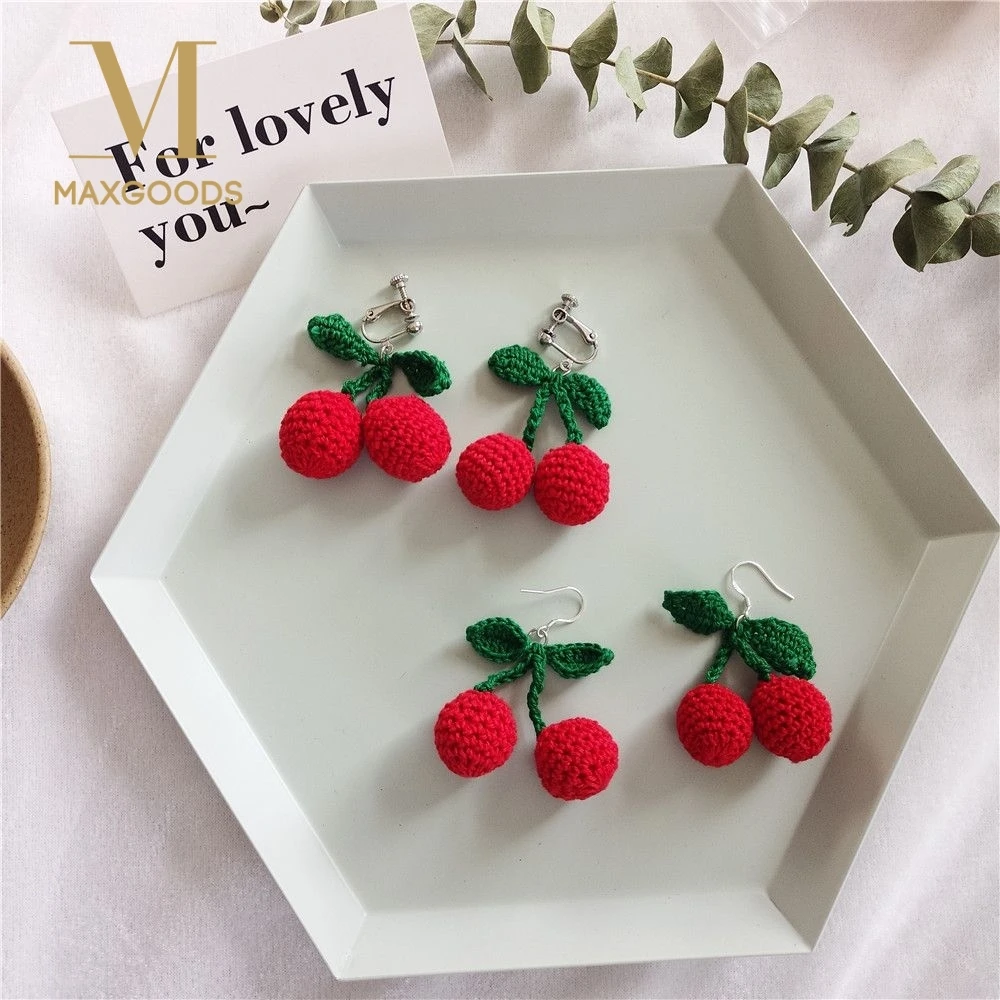 Милые вязаные вишневые серьги из шерстяной пряжи в виде фруктов для женщин и