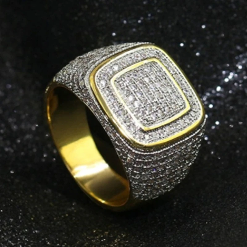 Большие кольца для мужчин и женщин Iced Out Bling квадратное кольцо хип-хоп микро проложенные Стразы золотого цвета ювелирные аксессуары Z4N942