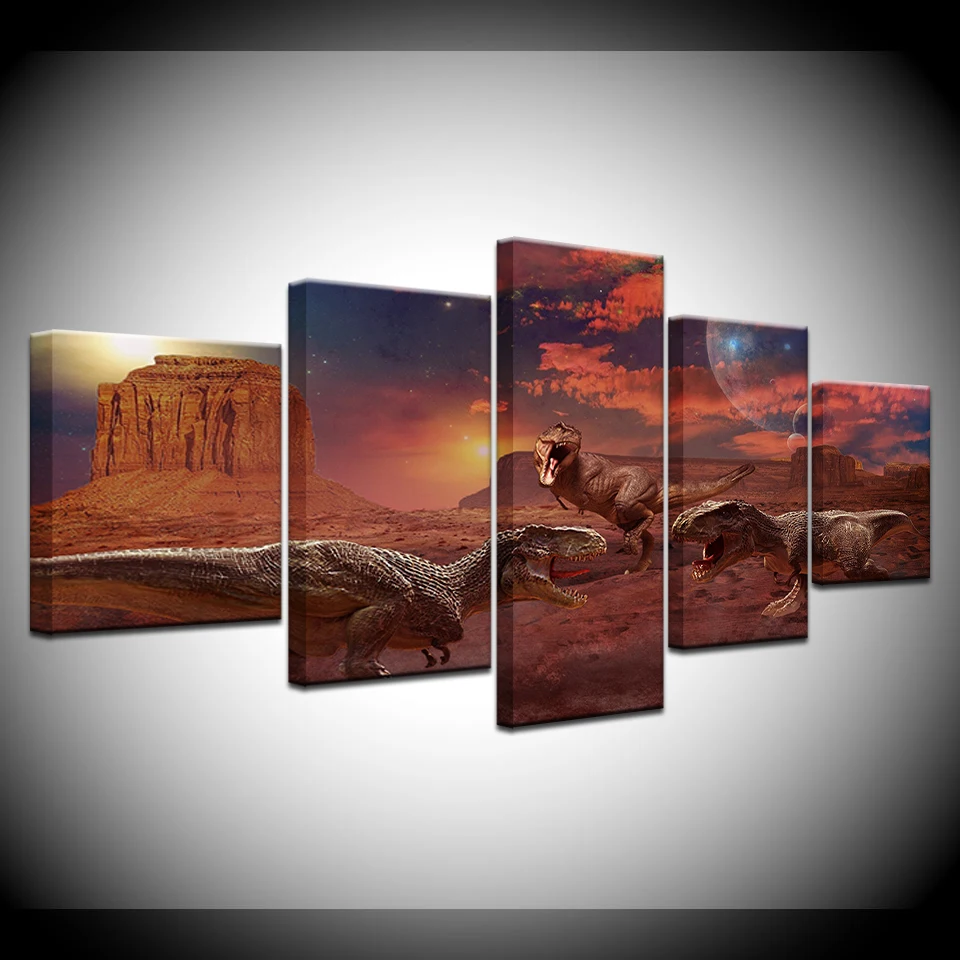 

Canvas Painting Angry dinosaur showdown 5 Pieces Wall Art Painting Modular Wallpapers Poster Print for living room Home Decor