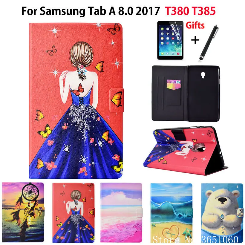 

Модный чехол для девочек Samsung Galaxy Tab A 8,0 SM-T380 T380 T385 2017 8,0 дюймов чехол для планшета из искусственной кожи + пленка + ручка