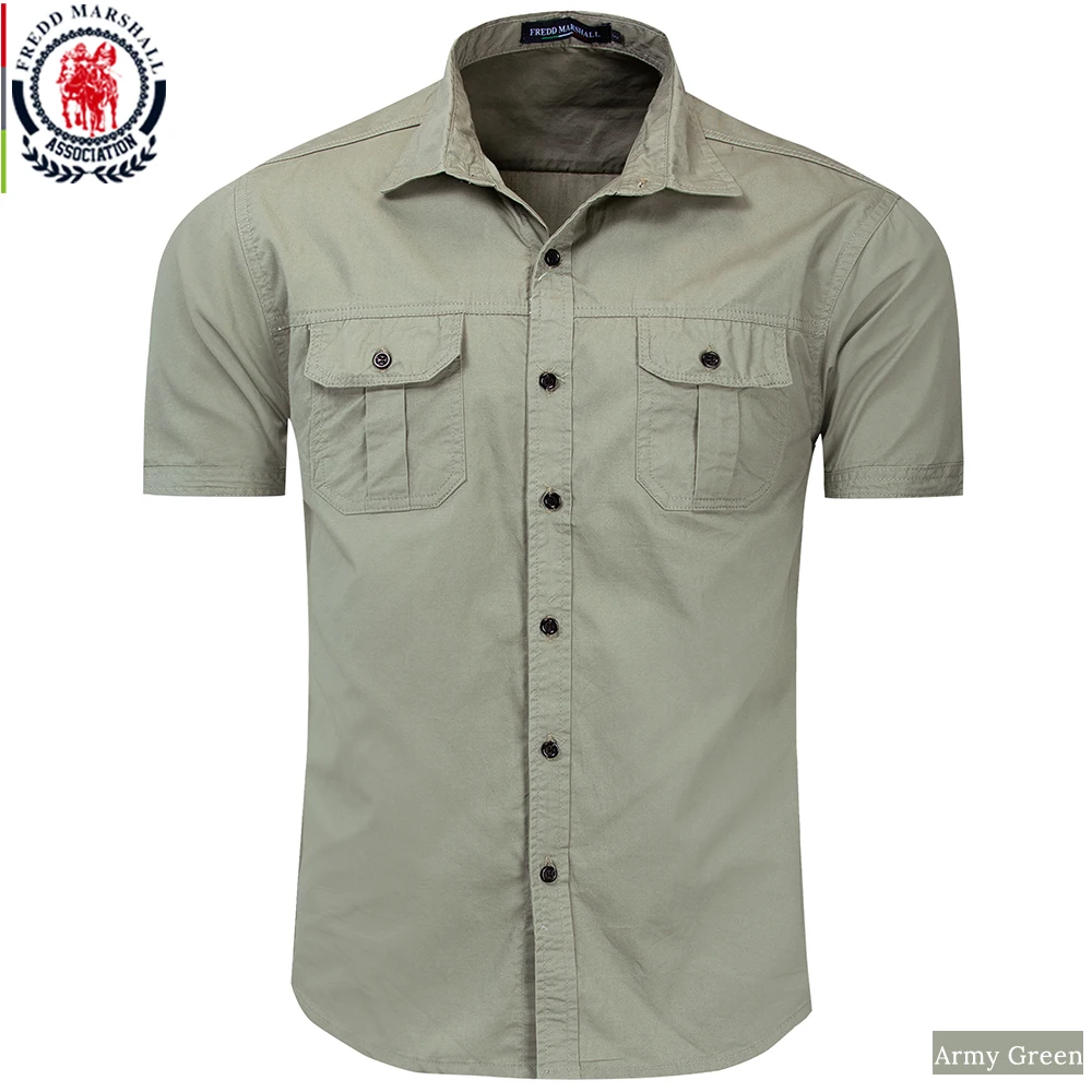 55889 Army Green Fredd Marshall, новинка, мужская рубашка в стиле милитари для мужчин, короткий рукав, карго, рубашки, хлопок, повседневная одноцветная рубашка, мужская, с карманом, рабочая рубашка, 55889 - Цвет: 55889 Army Green