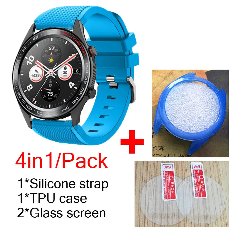 blue-blue 4в1/упаковка силиконовых полос для huawei Honor watch Magic Dream ремешок ТПУ чехлы оболочка мягкий браслет для часов+ стекло Защита экрана - Цвет: blue-blue