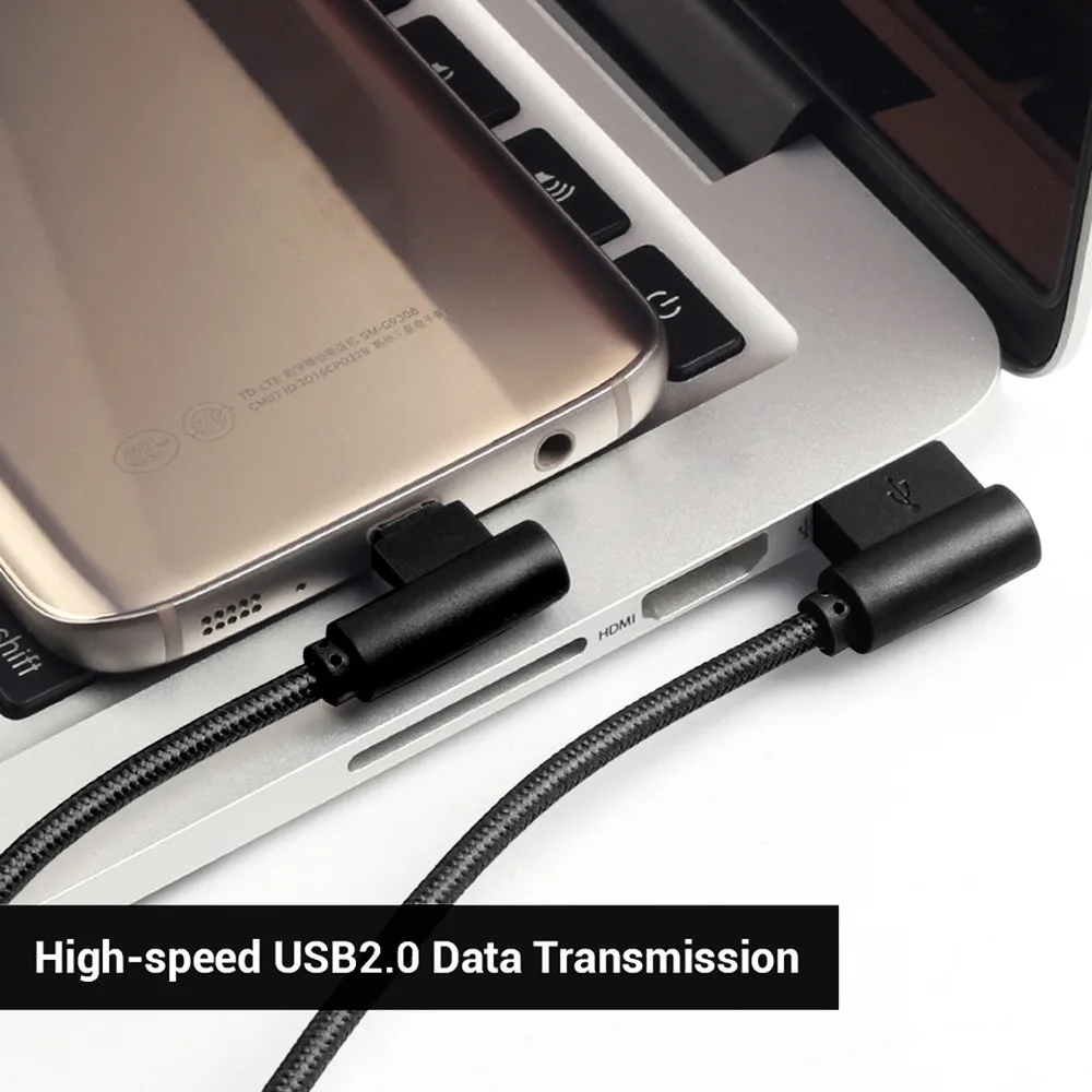 Кабель для быстрой зарядки и передачи данных с нейлоновой оплеткой Micro USB с прямым углом 90 градусов 2A для быстрой синхронизации данных и зарядки