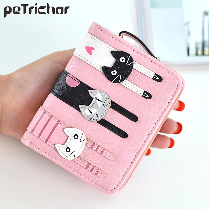 Милый короткий женский кошелек с застежкой Дамский мультяшным котом кредитная