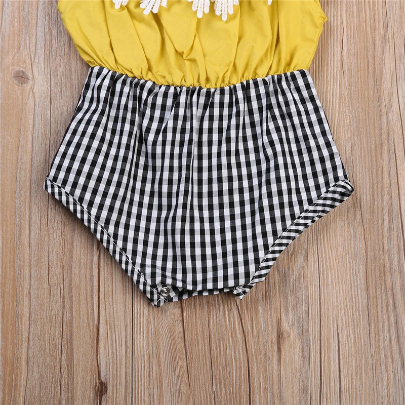 Cute Baby Girls Rompers Floral Lace Patchwork Infant Kids Plaid Jumpsuit Cotton Sleeveless Outfits Romper clothing | Детская одежда и
