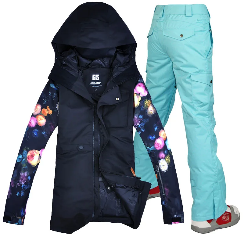 light blue pants Gsou зимняя куртка для женщин, лыжный костюм, женская зимняя куртка и штаны, ветрозащитная водонепроницаемая цветная одежда - Цвет: light blue pants