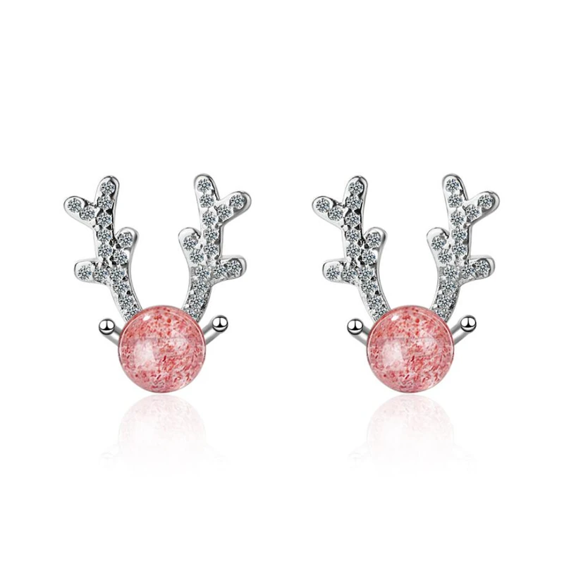 

WYEAIIR Natural Strawberry Crystal Christmas Gift Elk Antler Sweet 925 Sterling Silver Female Stud Earrings