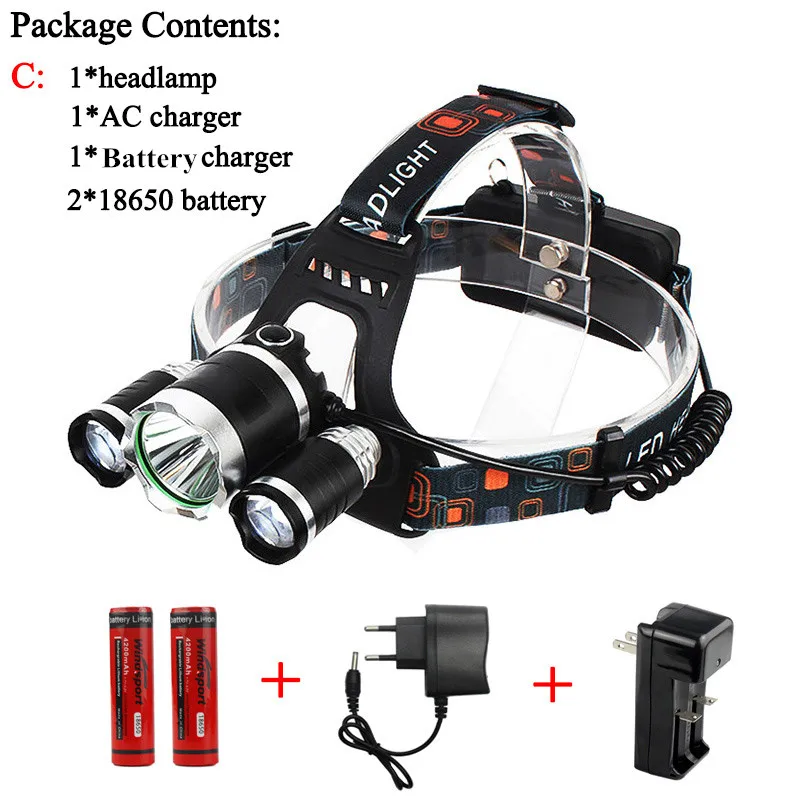 Set C Портативный 3 светодиодный налобный фонарь T6+ 2* R2, налобный светильник, 4 режима для езды на велосипеде, высокомощный светодиодный налобный фонарь с зарядным устройством, аккумулятор 18650 - Испускаемый цвет: Set C
