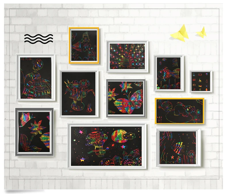 10pcs A4 size Children Scratch Painting Papers with Drawing Stencils Kids Scraping Paper Paint Learning Kindergarten Preschool | Игрушки и