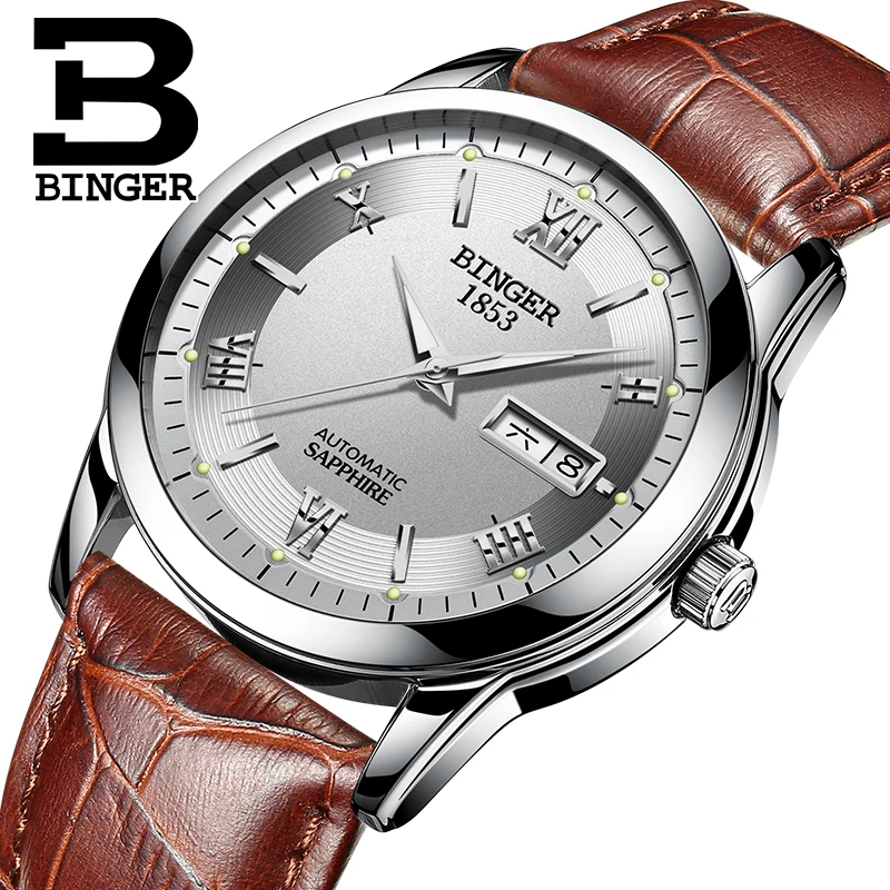 Switzerland watches men luxury brand Wristwatches BINGER luminous Mechanical leather strap Waterproof BG-0383-12 | Наручные часы