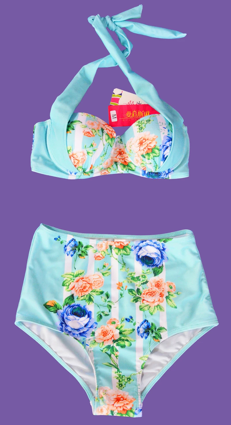 S-XL Женщин Купальники Неопрена Бикини Высокая Талия Сломанной Цветок Плюс Размер