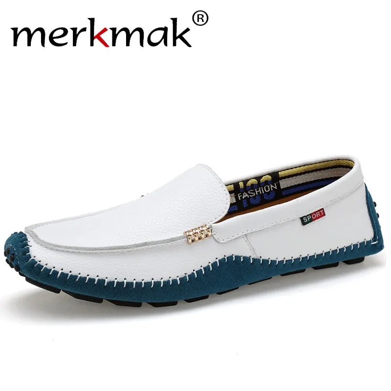 Style2 White Loafers Merkmak/итальянские мужские лоферы из натуральной кожи; дизайнерская обувь для вождения без шнуровки; Мужская Высококачественная брендовая мягкая обувь на плоской подошве; большие размеры - Цвет: Style2 White Loafers
