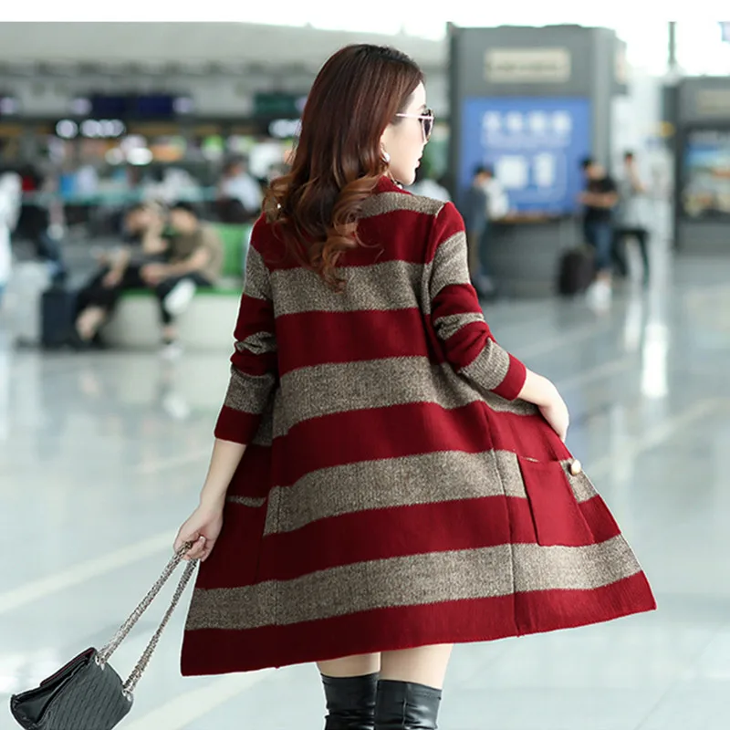 Женский вязаный свитер в полоску размера плюс 4XL демисезонный кардиган свободная