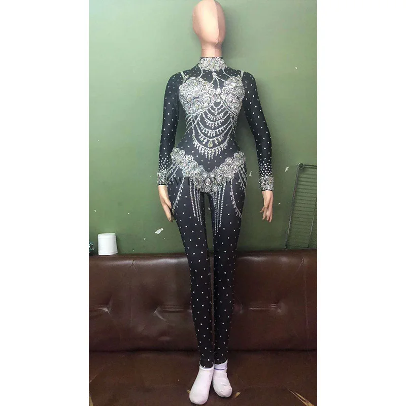 

Black Sparkly Crystals Jumpsuit Stretch Big Stretch Outfit Celebrate Bright Rhinestones Bodysuit Singer Dance Stage Costume