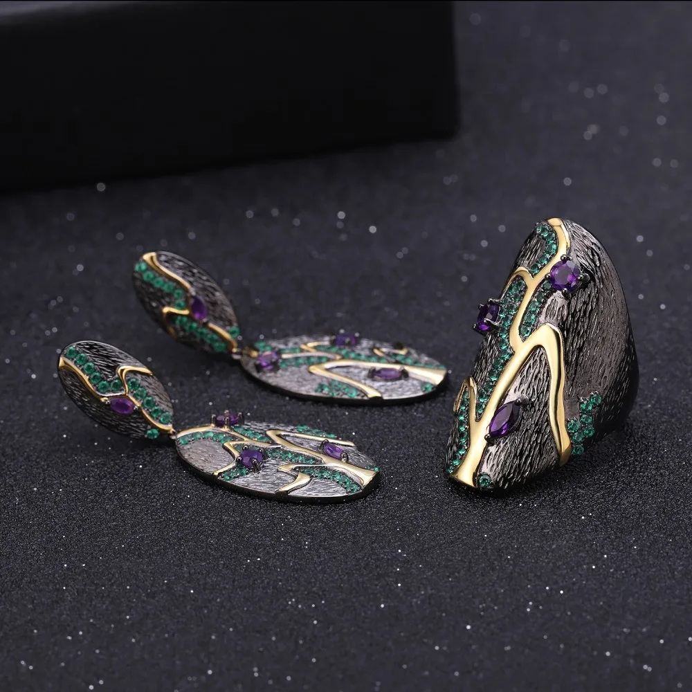 GEM'S BALLET Georgia O'keeffe Серьги Листья 0.76Ct Натуральный Аметист Стерлинговое Серебро