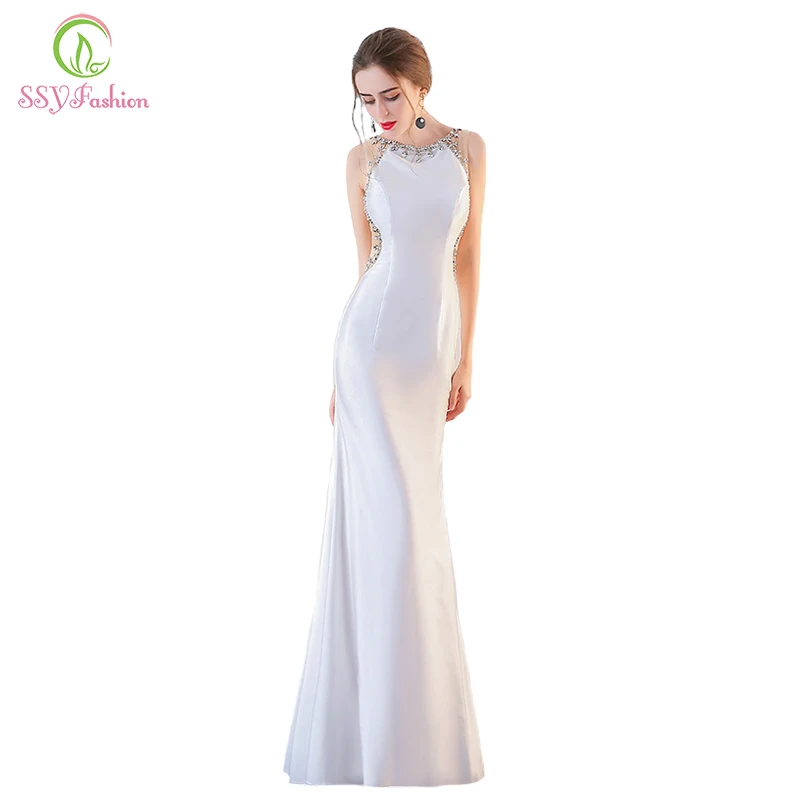 Ssyfashion 2018 новый сексуальный русалка вечернее платье без рукавов Бисер Белый