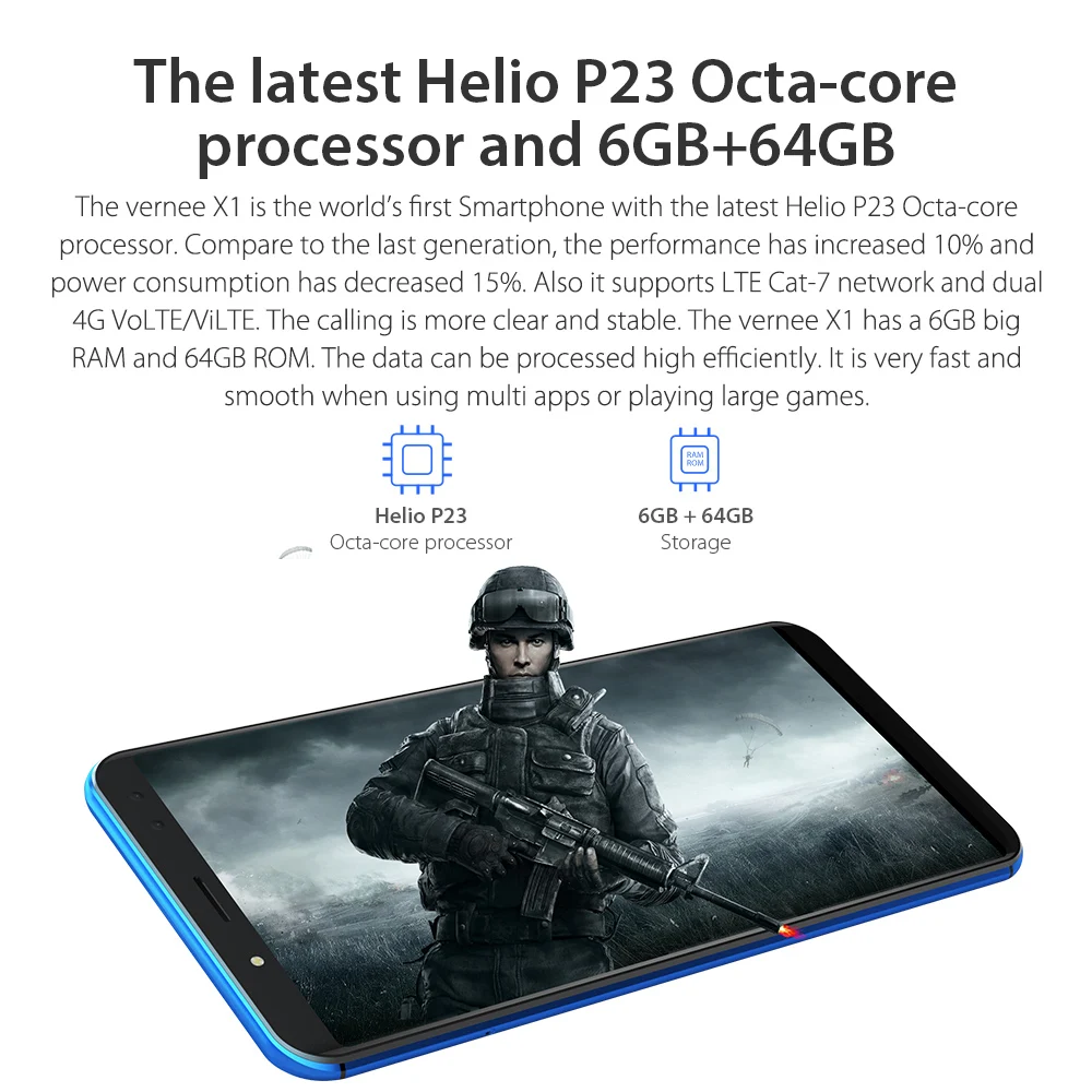 Vernee X1 4G мобильный телефон 6200 mAh 6 ''Face ID 6+ 64 GB Helio P23 16+ 5 Мп 13MP+ 5MP 4-Cam с отпечатком пальцев Type-C EU Plug смартфон