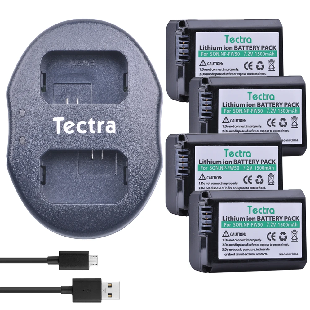 Tectra 4Pcs NP FW50 NPFW50 аккумулятор + USB двойное зарядное устройство для Sony Alpha 7 a7 7R a7R 7S a7S